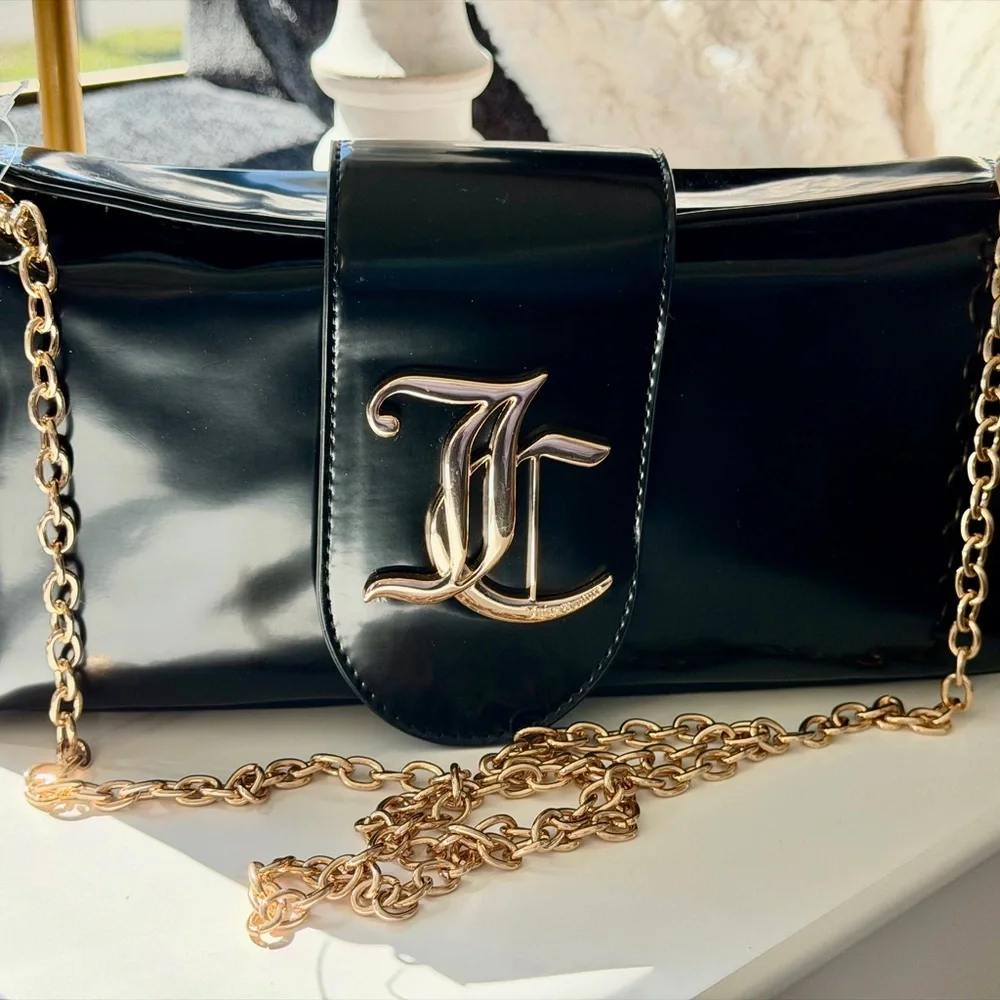 JUICY COUTURE Overstated Black Patent Flap Clutch with Gold Chain and Logo - Picture 8 of 14